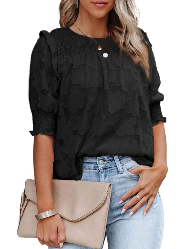 Dokotoo Womens Tops Half Sleeve Shirred Blouses for Women Dressy Casual Crewneck Lace Textured Flowy Black Shirts for Women XX-Large