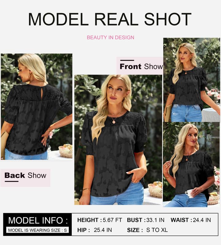 Dokotoo Womens Tops Half Sleeve Shirred Blouses for Women Dressy Casual Crewneck Lace Textured Flowy Black Shirts for Women XX-Large