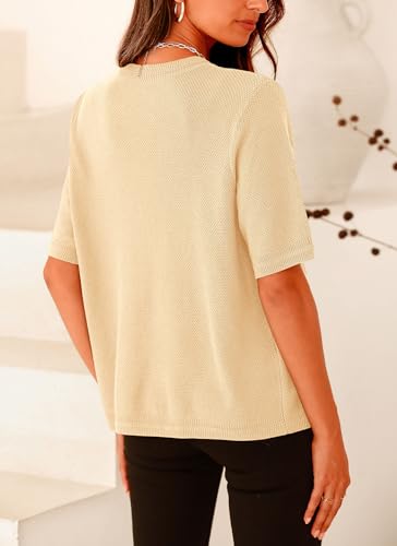 PRETTYGARDEN Women's Summer Button Down Shirts Casual Short Sleeve Crew Neck Ribbed Knit Blouse Top Cardigans (Beige,Small)