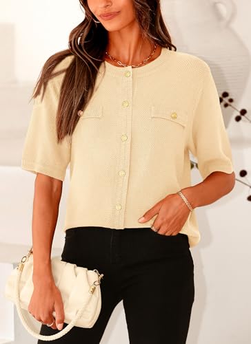 PRETTYGARDEN Women's Summer Button Down Shirts Casual Short Sleeve Crew Neck Ribbed Knit Blouse Top Cardigans (Beige,Small)