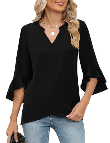 AKEWEI V Neck Tops for Women Ruffle 3/4 Sleeve Dressy Shirts Business Casual Chiffon Tunic Blouses Black M