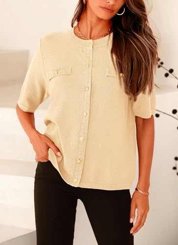 PRETTYGARDEN Women's Summer Button Down Shirts Casual Short Sleeve Crew Neck Ribbed Knit Blouse Top Cardigans (Beige,Small)