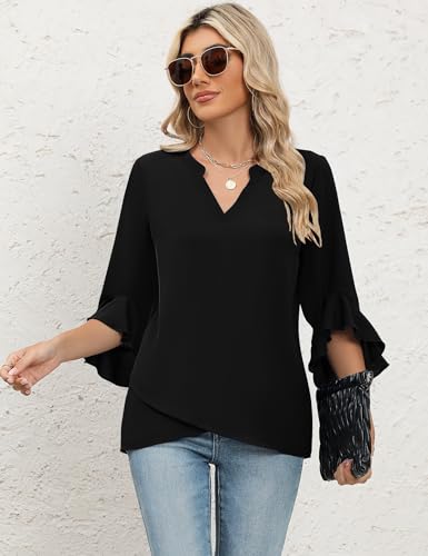 AKEWEI V Neck Tops for Women Ruffle 3/4 Sleeve Dressy Shirts Business Casual Chiffon Tunic Blouses Black M
