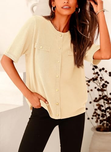 PRETTYGARDEN Women's Summer Button Down Shirts Casual Short Sleeve Crew Neck Ribbed Knit Blouse Top Cardigans (Beige,Small)