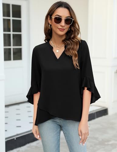 AKEWEI V Neck Tops for Women Ruffle 3/4 Sleeve Dressy Shirts Business Casual Chiffon Tunic Blouses Black M