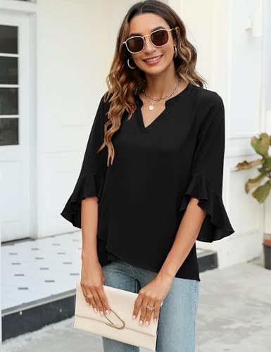 AKEWEI V Neck Tops for Women Ruffle 3/4 Sleeve Dressy Shirts Business Casual Chiffon Tunic Blouses Black M