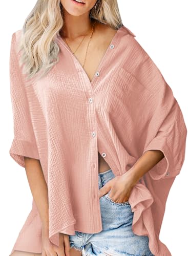 Astylish Women Elegant Shirts 2024 Classy V-Neck 3/4 Sleeve Button Down Basic Solid Chic Cotton Textured Oversized Blouse Light Pink Medium
