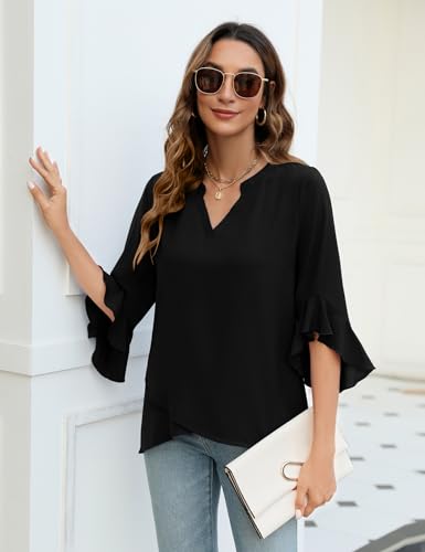AKEWEI V Neck Tops for Women Ruffle 3/4 Sleeve Dressy Shirts Business Casual Chiffon Tunic Blouses Black M