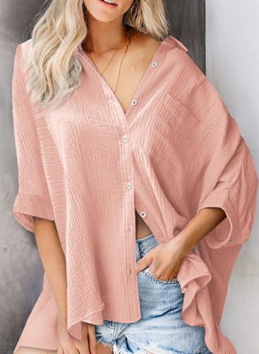 Astylish Women Elegant Shirts 2024 Classy V-Neck 3/4 Sleeve Button Down Basic Solid Chic Cotton Textured Oversized Blouse Light Pink Medium