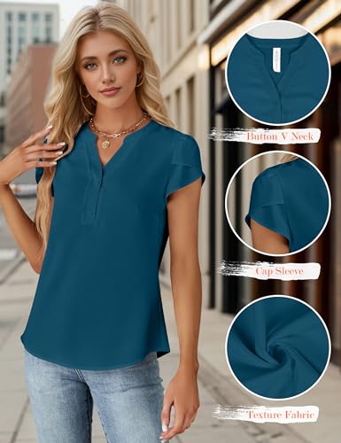 Blooming Jelly Womens Dressy Casual Tops Spring Business Casual Work Blouses Button Down V Neck T Shirts (L, Blue)