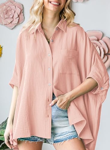 Astylish Women Elegant Shirts 2024 Classy V-Neck 3/4 Sleeve Button Down Basic Solid Chic Cotton Textured Oversized Blouse Light Pink Medium