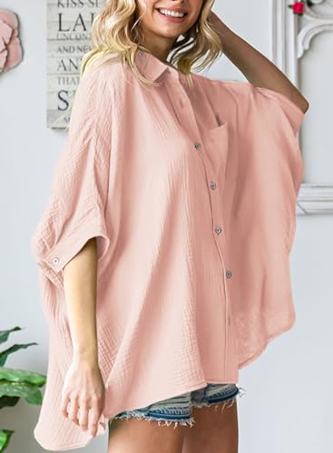 Astylish Women Elegant Shirts 2024 Classy V-Neck 3/4 Sleeve Button Down Basic Solid Chic Cotton Textured Oversized Blouse Light Pink Medium