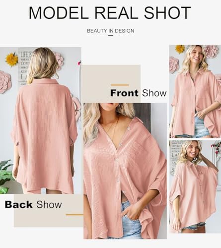 Astylish Women Elegant Shirts 2024 Classy V-Neck 3/4 Sleeve Button Down Basic Solid Chic Cotton Textured Oversized Blouse Light Pink Medium