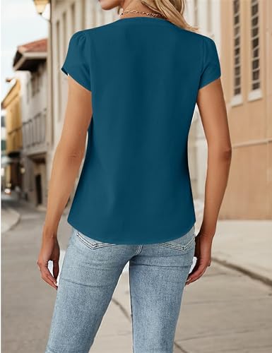 Blooming Jelly Womens Dressy Casual Tops Spring Business Casual Work Blouses Button Down V Neck T Shirts (L, Blue)