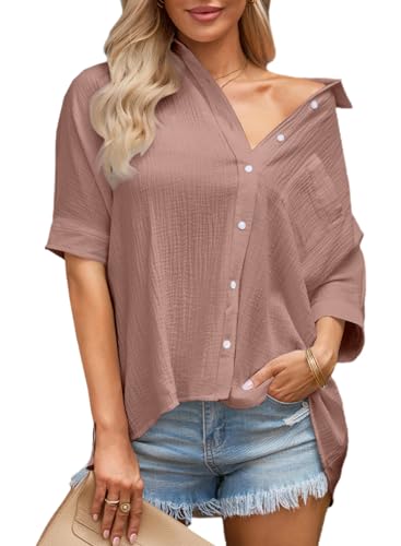 Astylish Women Elegant Shirts 2024 Classy V-Neck 3/4 Sleeve Button Down Basic Solid Chic Cotton Textured Oversized Blouse Light Pink Medium