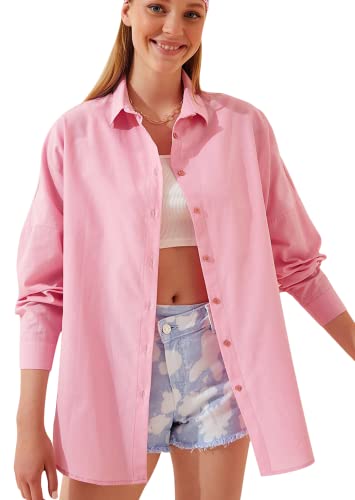 Womens Dressy Blouses Tops, Casual Long Sleeve Loose Fit Button Down Shirts (X-Large, Pink)