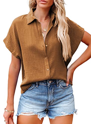 Dokotoo 2024 Fashion Summer Womens Solid V Neck Batwing Short Sleeve Shirts Button Down Cotton Office Workout Blouses Tops Resort Wear for Women Brown L