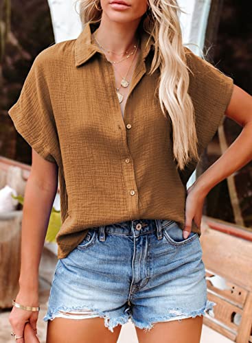 Dokotoo 2024 Fashion Summer Womens Solid V Neck Batwing Short Sleeve Shirts Button Down Cotton Office Workout Blouses Tops Resort Wear for Women Brown L