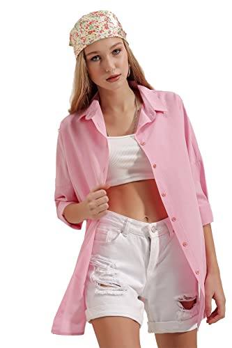 Womens Dressy Blouses Tops, Casual Long Sleeve Loose Fit Button Down Shirts (X-Large, Pink)