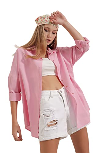 Womens Dressy Blouses Tops, Casual Long Sleeve Loose Fit Button Down Shirts (X-Large, Pink)
