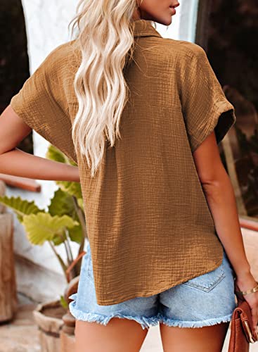 Dokotoo 2024 Fashion Summer Womens Solid V Neck Batwing Short Sleeve Shirts Button Down Cotton Office Workout Blouses Tops Resort Wear for Women Brown L