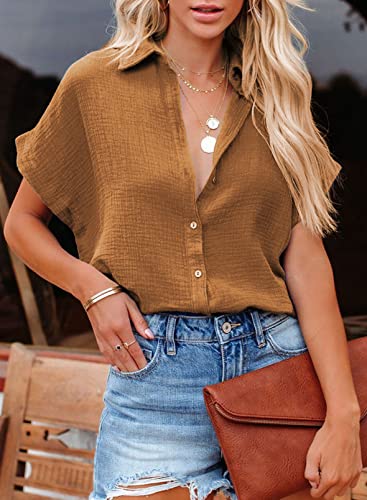Dokotoo 2024 Fashion Summer Womens Solid V Neck Batwing Short Sleeve Shirts Button Down Cotton Office Workout Blouses Tops Resort Wear for Women Brown L