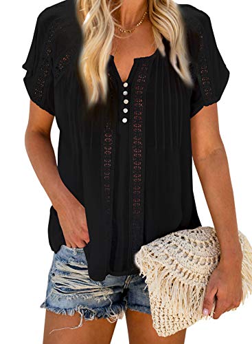 Dokotoo Womens Summer Tops Fashion 2024 Spring Short Sleeve Button V Neck Tops Split Neckline Lace Hem Crochet Eyelet Basic Tee Cute Shirts Flowy Dressy Blouses Black M