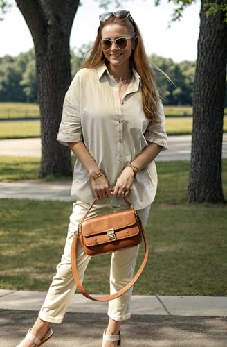 HOTOUCH Button Up Shirts Women Casual Button Down Blouses Loose Fit V Neck Collared Shirts Cotton Linen Tops Khaki