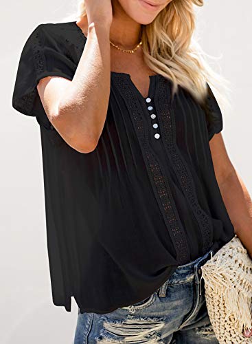 Dokotoo Womens Summer Tops Fashion 2024 Spring Short Sleeve Button V Neck Tops Split Neckline Lace Hem Crochet Eyelet Basic Tee Cute Shirts Flowy Dressy Blouses Black M