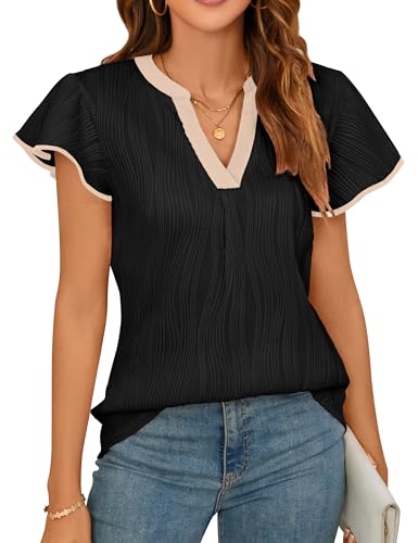 Blooming Jelly Womens Business Casual Blouses Short Ruffle Sleeve V Neck Dressy Tops Ladies Cute Textured Ribbed Summer Trendy Work Office Shirts (Medium, Black)