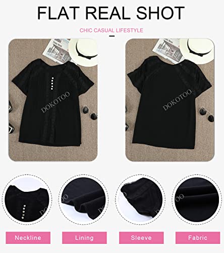 Dokotoo Womens Summer Tops Fashion 2024 Spring Short Sleeve Button V Neck Tops Split Neckline Lace Hem Crochet Eyelet Basic Tee Cute Shirts Flowy Dressy Blouses Black M
