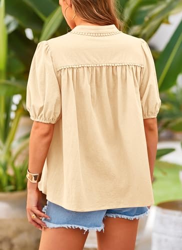 PRETTYGARDEN Women's Summer Button Down Shirts Short Lantern Sleeve V Neck Cotton Cute Dressy Casual Ladies Tops Blouses (Beige,Medium)