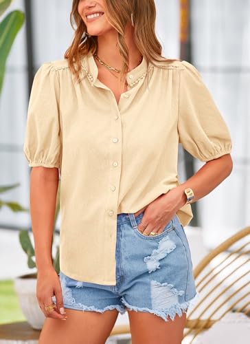 PRETTYGARDEN Women's Summer Button Down Shirts Short Lantern Sleeve V Neck Cotton Cute Dressy Casual Ladies Tops Blouses (Beige,Medium)