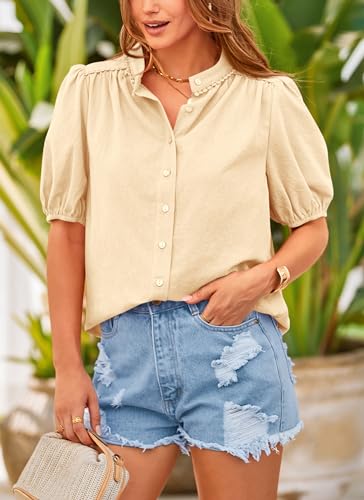 PRETTYGARDEN Women's Summer Button Down Shirts Short Lantern Sleeve V Neck Cotton Cute Dressy Casual Ladies Tops Blouses (Beige,Medium)