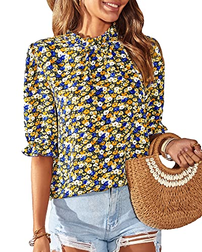 BTFBM Women's Summer Boho Shirt Top Ruffle Short Sleeve Frill Trim Mock Neck Floral Print 2024 Casual Blouses Shirts Tops(Floral Black, Medium)