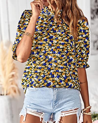 BTFBM Women's Summer Boho Shirt Top Ruffle Short Sleeve Frill Trim Mock Neck Floral Print 2024 Casual Blouses Shirts Tops(Floral Black, Medium)