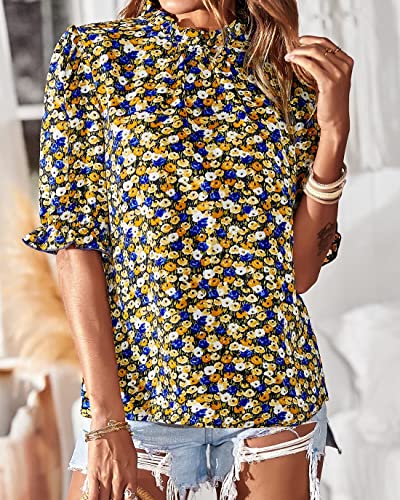 BTFBM Women's Summer Boho Shirt Top Ruffle Short Sleeve Frill Trim Mock Neck Floral Print 2024 Casual Blouses Shirts Tops(Floral Black, Medium)