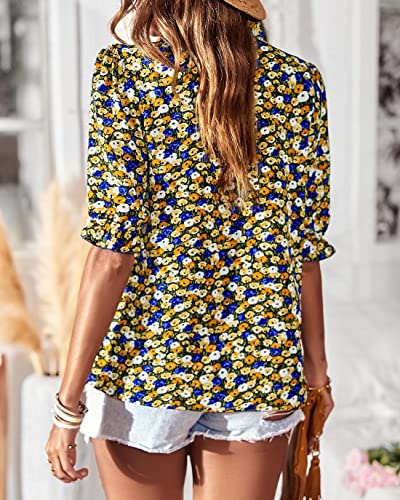 BTFBM Women's Summer Boho Shirt Top Ruffle Short Sleeve Frill Trim Mock Neck Floral Print 2024 Casual Blouses Shirts Tops(Floral Black, Medium)