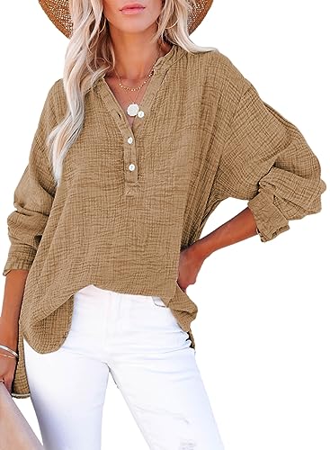 Dokotoo Womens Tops Dressy Casual Button Down V Neck Long Sleeve Shirts for Women Ladies Casual Daily Flowy Cute Loose Fit Tunic Tops Side Slit Cotton Blouses Tunics Brown XL
