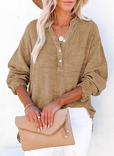 Dokotoo Womens Tops Dressy Casual Button Down V Neck Long Sleeve Shirts for Women Ladies Casual Daily Flowy Cute Loose Fit Tunic Tops Side Slit Cotton Blouses Tunics Brown XL