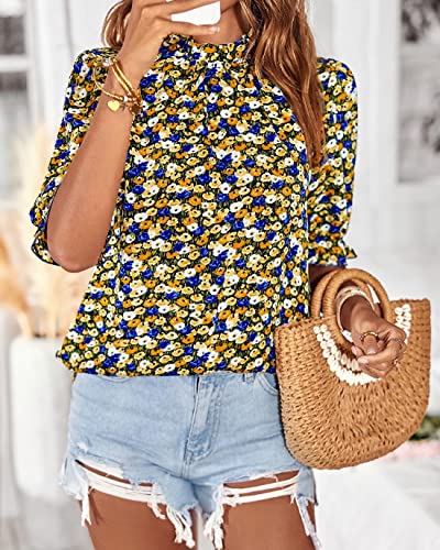BTFBM Women's Summer Boho Shirt Top Ruffle Short Sleeve Frill Trim Mock Neck Floral Print 2024 Casual Blouses Shirts Tops(Floral Black, Medium)