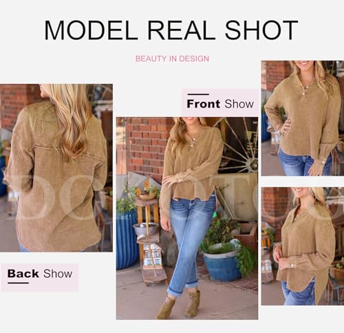 Dokotoo Womens Tops Dressy Casual Button Down V Neck Long Sleeve Shirts for Women Ladies Casual Daily Flowy Cute Loose Fit Tunic Tops Side Slit Cotton Blouses Tunics Brown XL