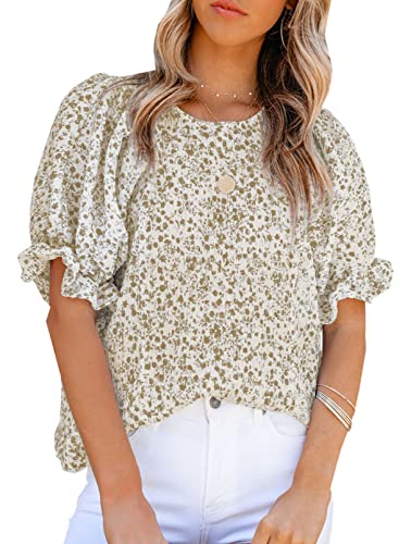 Dokotoo Womens Tops Summer Blouses and Tops Casual Floral Print Crewneck Flowy Smocked Puff Short Sleeve Shirt Stylish Loose Babydoll Blouse Elegant Solid Shirts Top for Teen Girls Juniors 2XL Khaki
