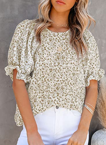 Dokotoo Womens Tops Summer Blouses and Tops Casual Floral Print Crewneck Flowy Smocked Puff Short Sleeve Shirt Stylish Loose Babydoll Blouse Elegant Solid Shirts Top for Teen Girls Juniors 2XL Khaki
