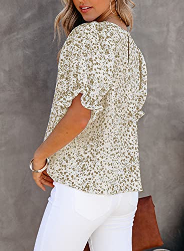 Dokotoo Womens Tops Summer Blouses and Tops Casual Floral Print Crewneck Flowy Smocked Puff Short Sleeve Shirt Stylish Loose Babydoll Blouse Elegant Solid Shirts Top for Teen Girls Juniors 2XL Khaki