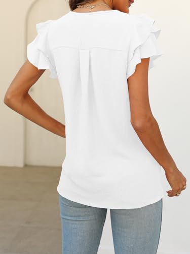 MEROKEETY Women's 2024 Summer V Neck Ruffle Sleeve Loose Blouse Dressy Flowy Work Tunic Shirt Tops,White,L