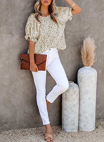 Dokotoo Womens Tops Summer Blouses and Tops Casual Floral Print Crewneck Flowy Smocked Puff Short Sleeve Shirt Stylish Loose Babydoll Blouse Elegant Solid Shirts Top for Teen Girls Juniors 2XL Khaki