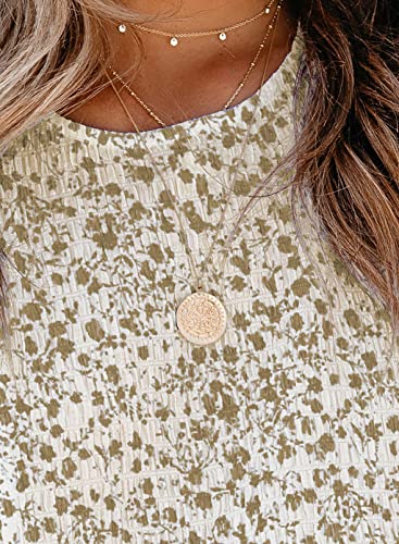 Dokotoo Womens Tops Summer Blouses and Tops Casual Floral Print Crewneck Flowy Smocked Puff Short Sleeve Shirt Stylish Loose Babydoll Blouse Elegant Solid Shirts Top for Teen Girls Juniors 2XL Khaki