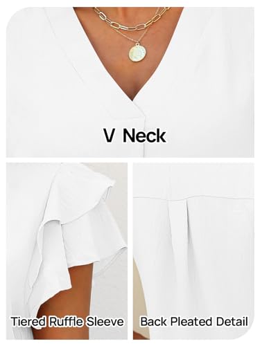 MEROKEETY Women's 2024 Summer V Neck Ruffle Sleeve Loose Blouse Dressy Flowy Work Tunic Shirt Tops,White,L