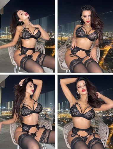 Avidlove Women Sexy Lingerie Garter Belt Strap Bra and Panty Babydoll Bodysuit Black Medium